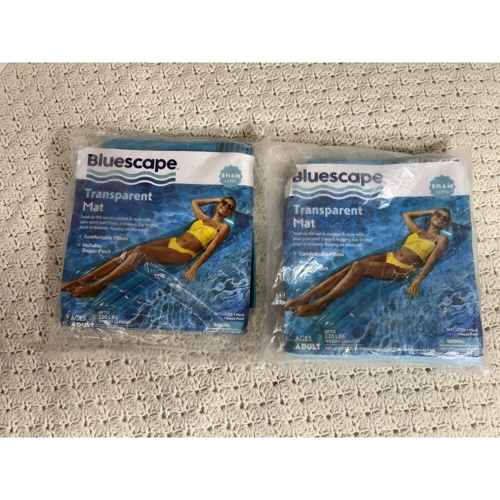 Lot Of 2 Pool Float Bluescape Inflatable Mat Blue with Pillow 5' 6" 24x66x9 in